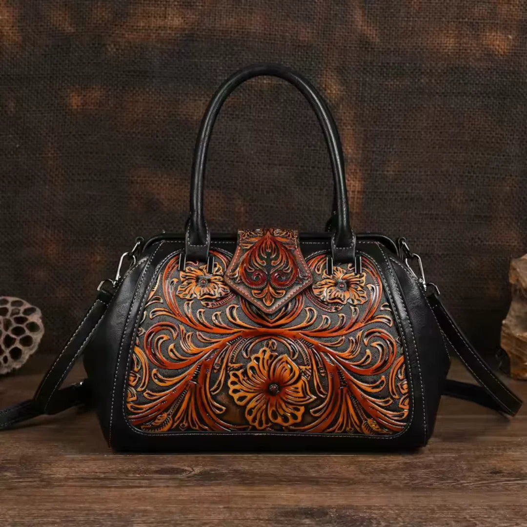 FLORINA™ – Engraved Floral Motif Leather Handbag